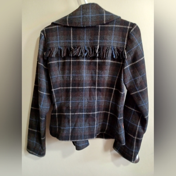 L.O.G.G H&M Wool Tweed Coat Fringe Buckle  Blazer Jacket Window Plaid Gray Sz 6 - Picture 3 of 9